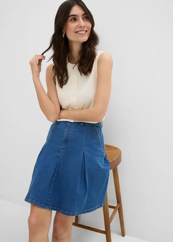 Jupe pliss&eacute;e en jean, taille mi-haute, bonprix