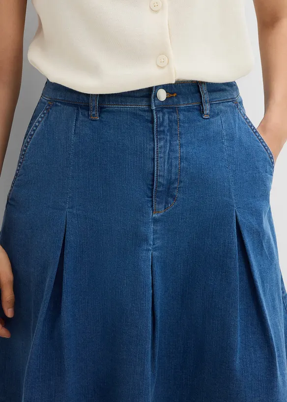 Jupe pliss&eacute;e en jean, taille mi-haute, bonprix