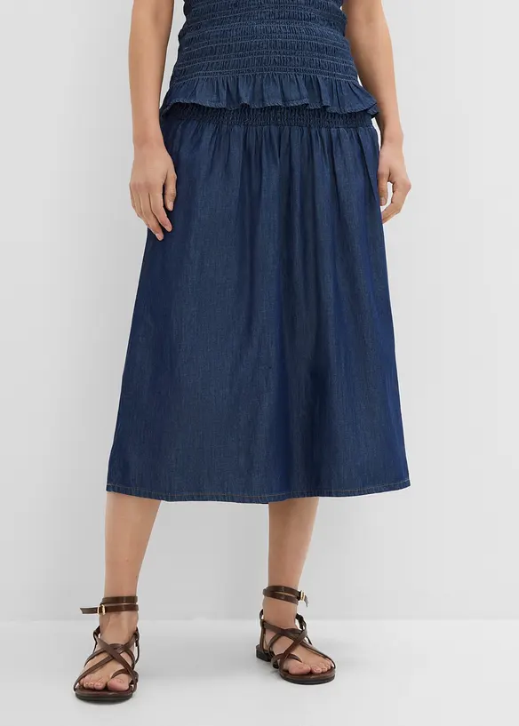 Jupe midi en jean, taille &eacute;lastiqu&eacute;e, bonprix