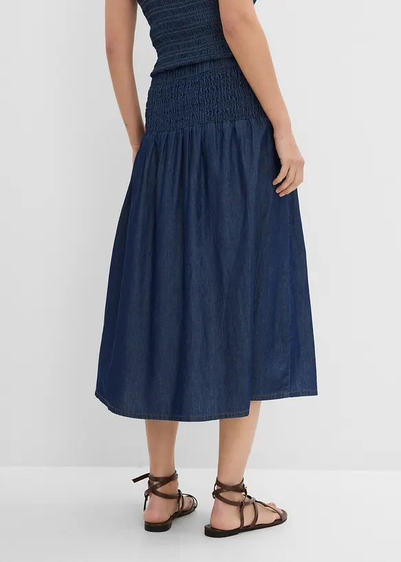 Jupe midi en jean, taille &eacute;lastiqu&eacute;e, bonprix