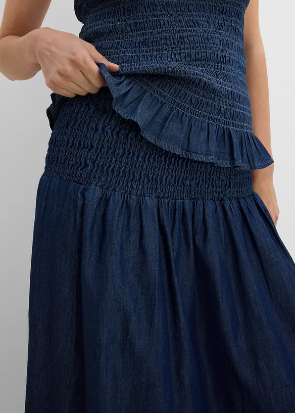 Jupe midi en jean, taille &eacute;lastiqu&eacute;e, bonprix