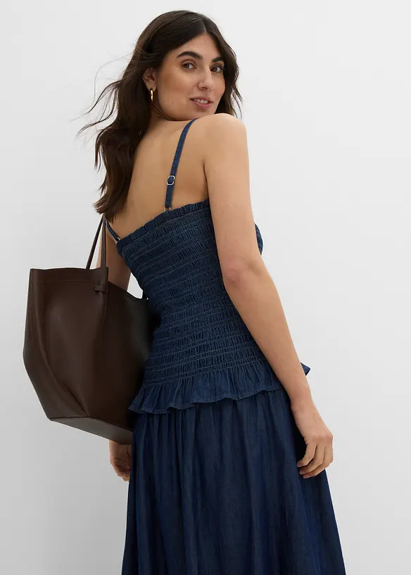 Jupe midi en jean, taille &eacute;lastiqu&eacute;e, bonprix