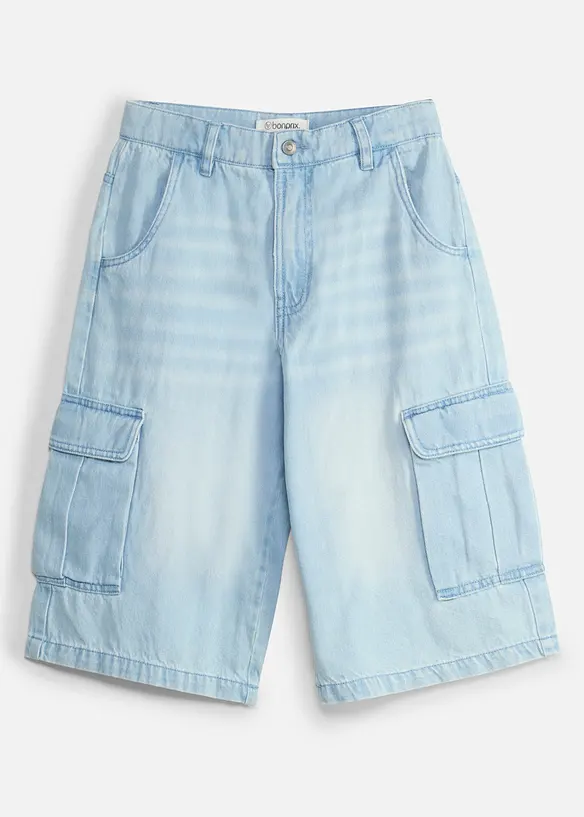 Long-Jeansbermuda mit verstellbarem Bund in Baggy Fit, bonprix