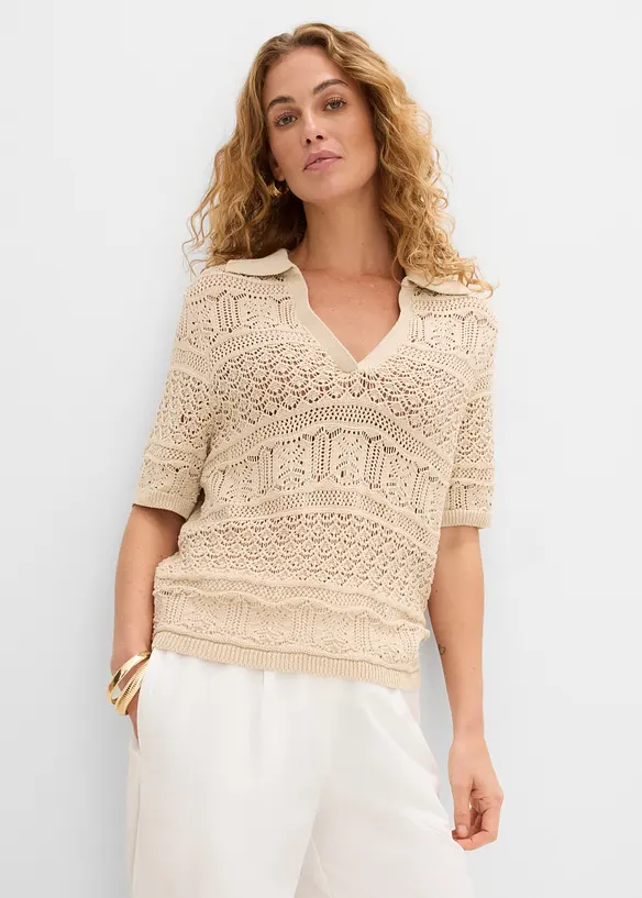 Pull ajour&eacute; &agrave; col polo, bonprix