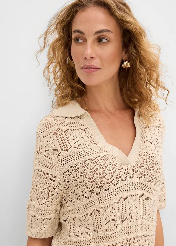 Pull ajour&eacute; &agrave; col polo, bonprix