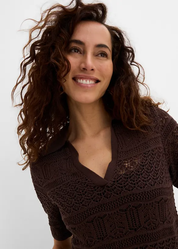 Ajour-Polo-Pullover mit Baumwollanteil, bonprix