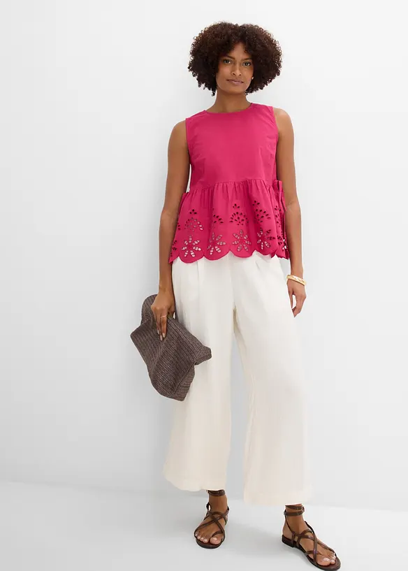 Blouse sans manches avec broderies anglaises, fendue sur les c&ocirc;t&eacute;s, bonprix