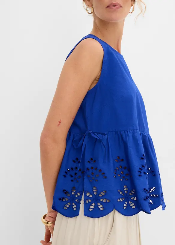 Blouse sans manches avec broderies anglaises, fendue sur les c&ocirc;t&eacute;s, bonprix