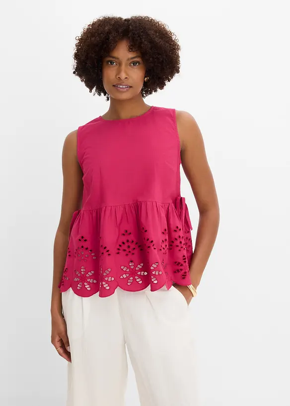 Blouse sans manches avec broderies anglaises, fendue sur les c&ocirc;t&eacute;s, bonprix