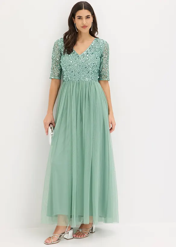 Robe de soir&eacute;e en tulle avec haut brod&eacute; de sequins, bonprix