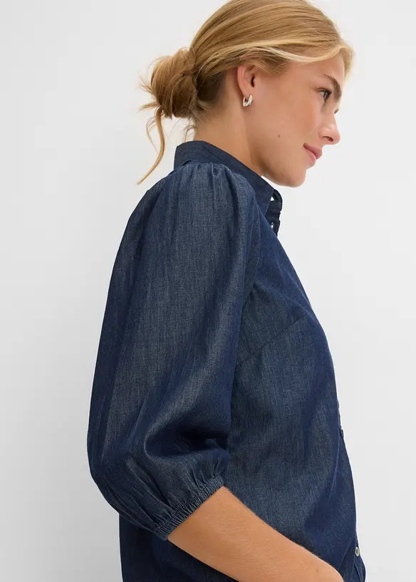 Chemisier en jean &agrave; manches bouffantes en coton, bonprix
