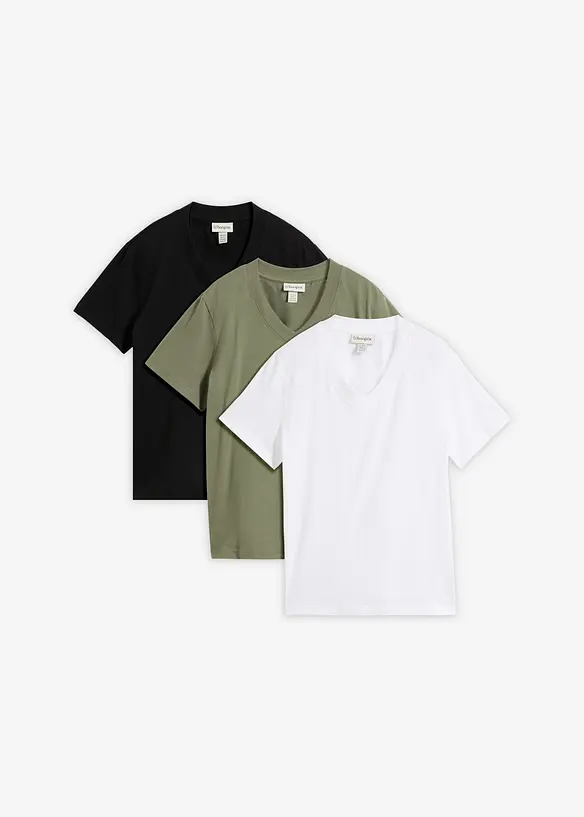T-Shirt mit V-Ausschnitt aus reiner Bio-Baumwolle(3er Pack), bonprix