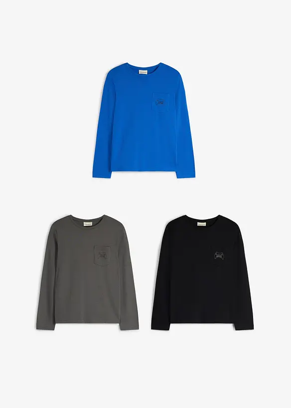 Lot de 3&nbsp;T-shirts manches longues en coton doux avec poche poitrine, bonprix