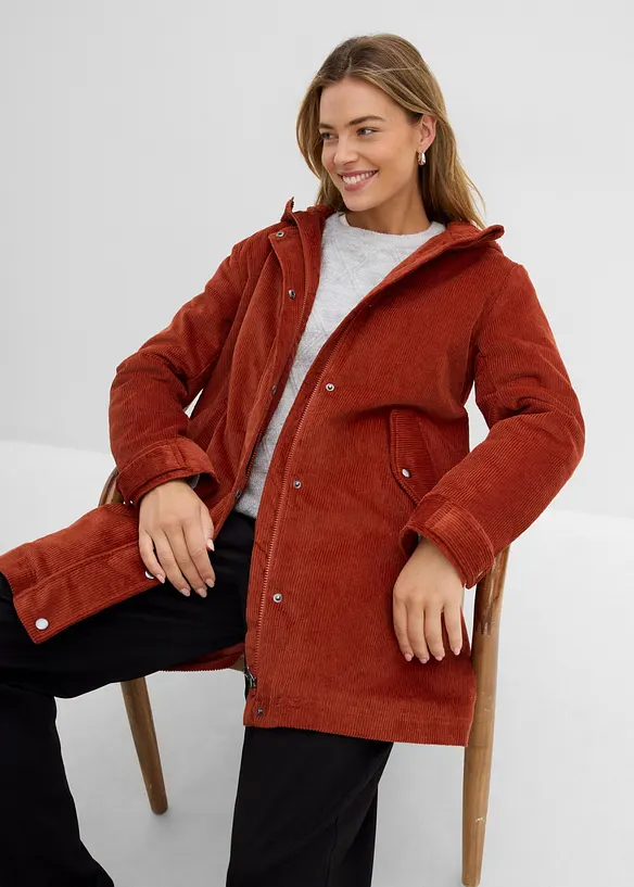 Parka chaude en velours c&ocirc;tel&eacute; avec capuche doubl&eacute;e polaire, coupe trap&egrave;ze, bonprix