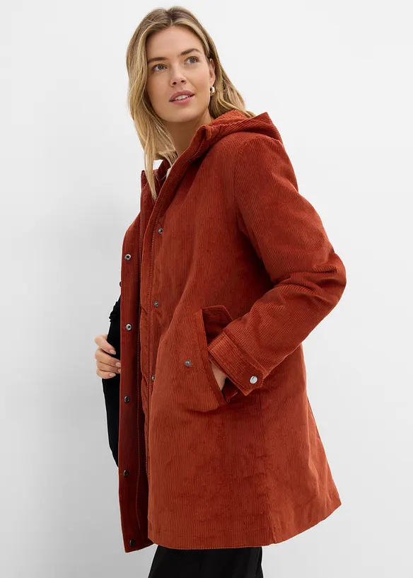 Parka chaude en velours c&ocirc;tel&eacute; avec capuche doubl&eacute;e polaire, coupe trap&egrave;ze, bonprix
