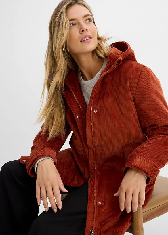 Parka chaude en velours c&ocirc;tel&eacute; avec capuche doubl&eacute;e polaire, coupe trap&egrave;ze, bonprix