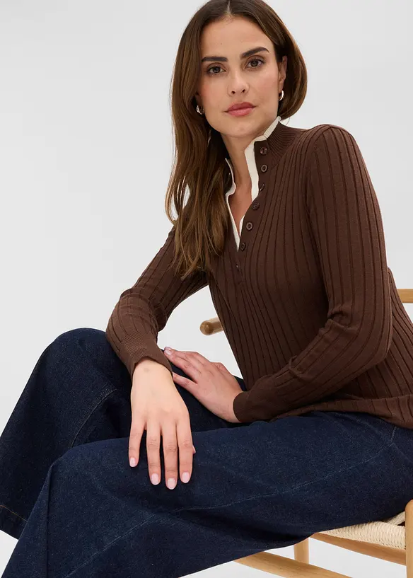 Gerippter Feinstrickpullover mit Viskose in 2 in 1 Optik, bonprix