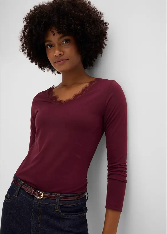 Shirt aus Single Jersey und Spitze im V-Ausschnitt, bonprix