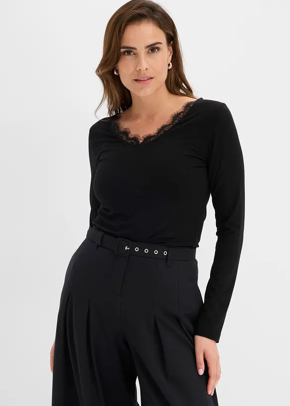 Shirt aus Single Jersey und Spitze im V-Ausschnitt, bonprix