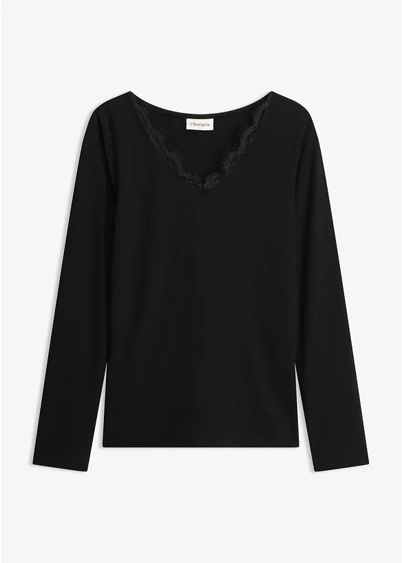 Shirt aus Single Jersey und Spitze im V-Ausschnitt, bonprix