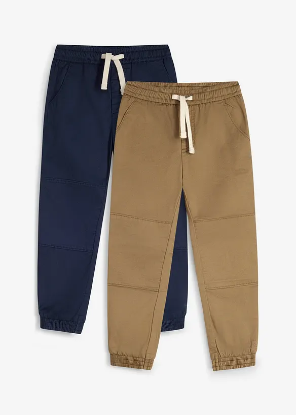 Lot de 2 pantalons regular en coton doux, taille &eacute;lastiqu&eacute;e, bonprix