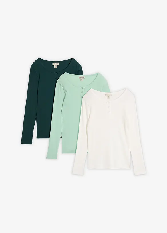 Lot de 3&nbsp;T-shirts c&ocirc;tel&eacute;s &agrave; col tunisien 100% coton, bonprix