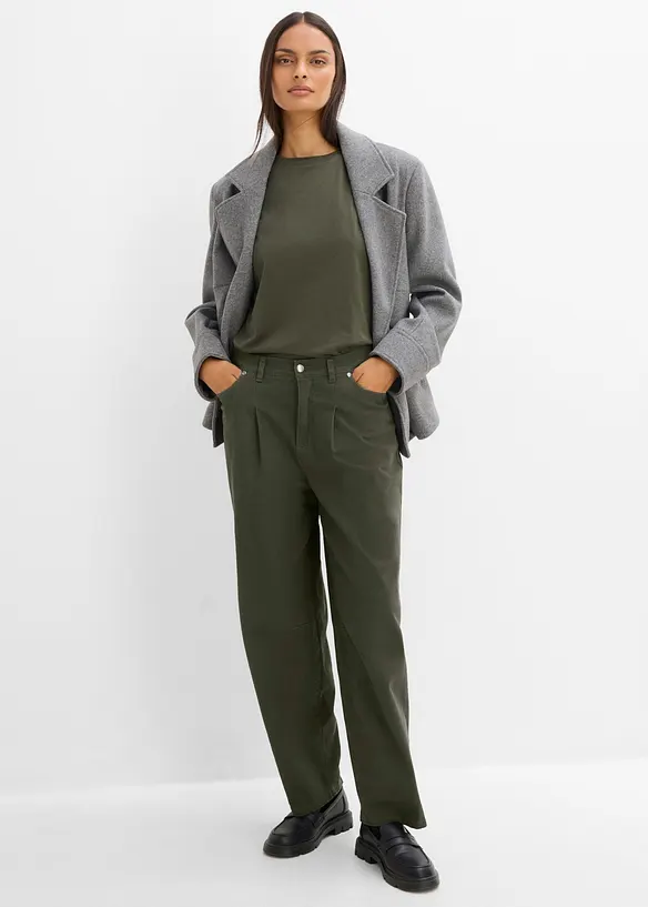Pantalon barrel en twill de coton, taille &eacute;lastiqu&eacute;e, bonprix