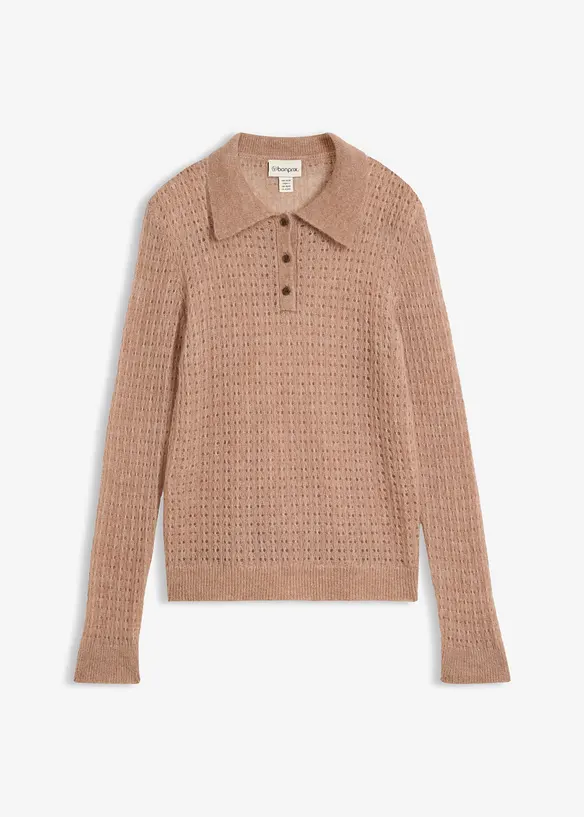 Pull col polo en douce maille ajour&eacute;e, bonprix