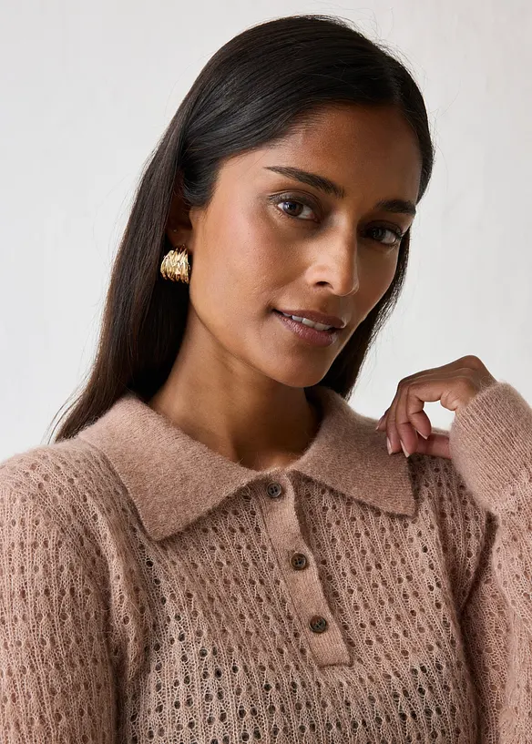 Pull col polo en douce maille ajour&eacute;e, bonprix