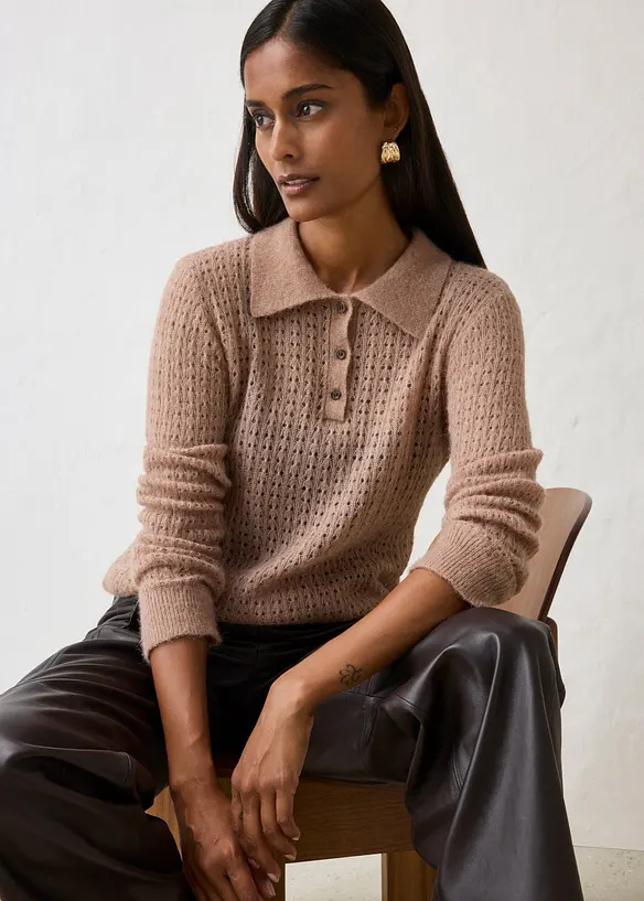 Pull col polo en douce maille ajour&eacute;e, bonprix