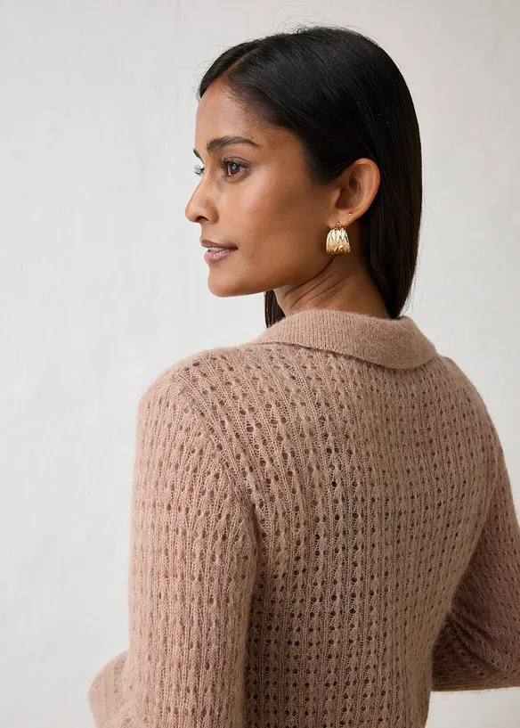 Pull col polo en douce maille ajour&eacute;e, bonprix