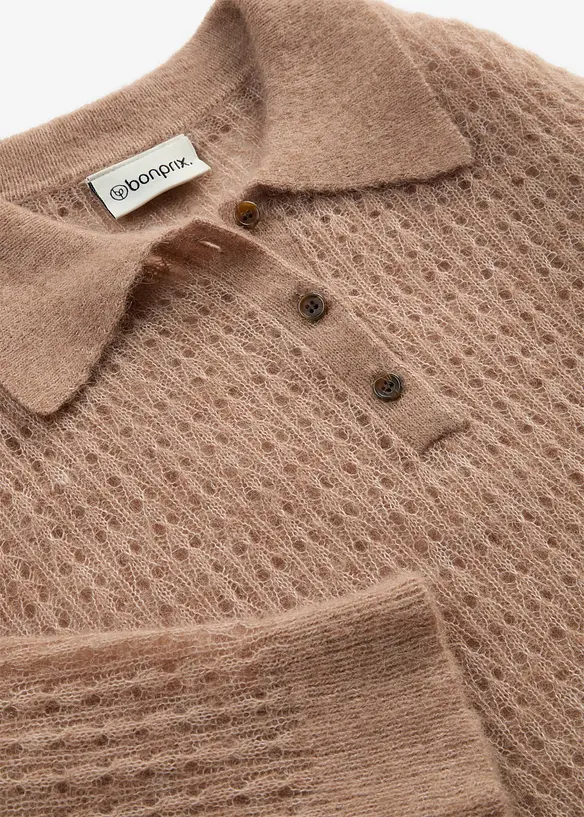 Pull col polo en douce maille ajour&eacute;e, bonprix