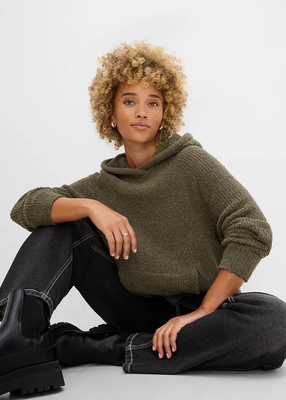 Pull &agrave; capuche en maille peluche, bonprix