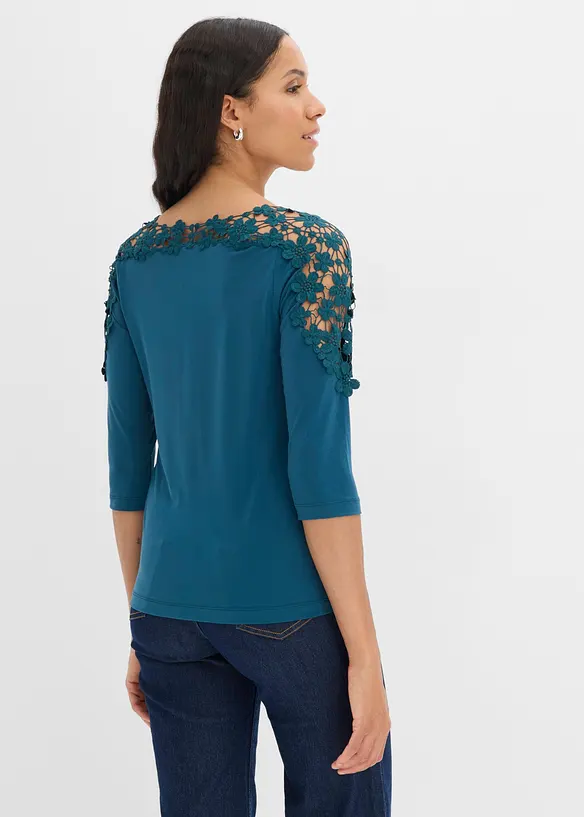 T-shirt &agrave; empi&egrave;cement crochet, manches 3/4, bonprix