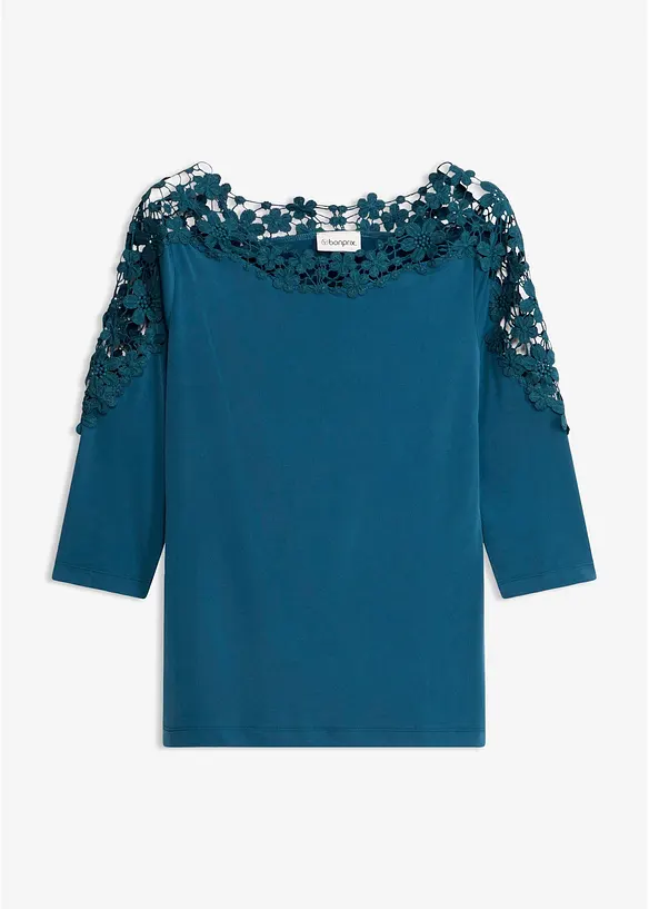 T-shirt &agrave; empi&egrave;cement crochet, manches 3/4, bonprix