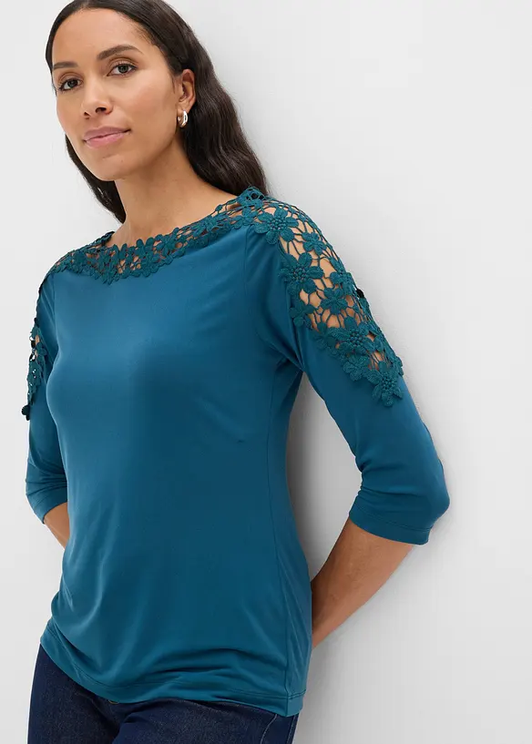 T-shirt &agrave; empi&egrave;cement crochet, manches 3/4, bonprix