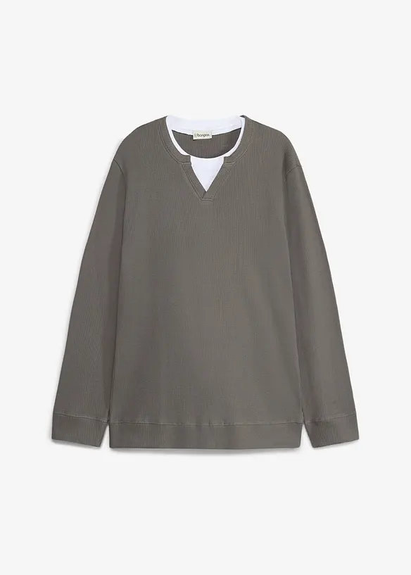 T-shirt manches longues effet superpos&eacute; en maille gaufr&eacute;e 100% coton, bonprix