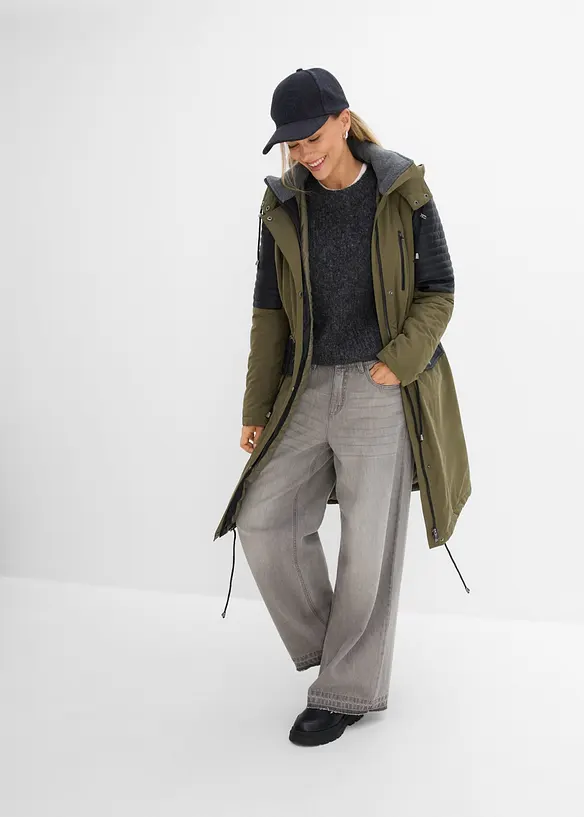 Long-Parka mit Lederimitateinsatz, bonprix