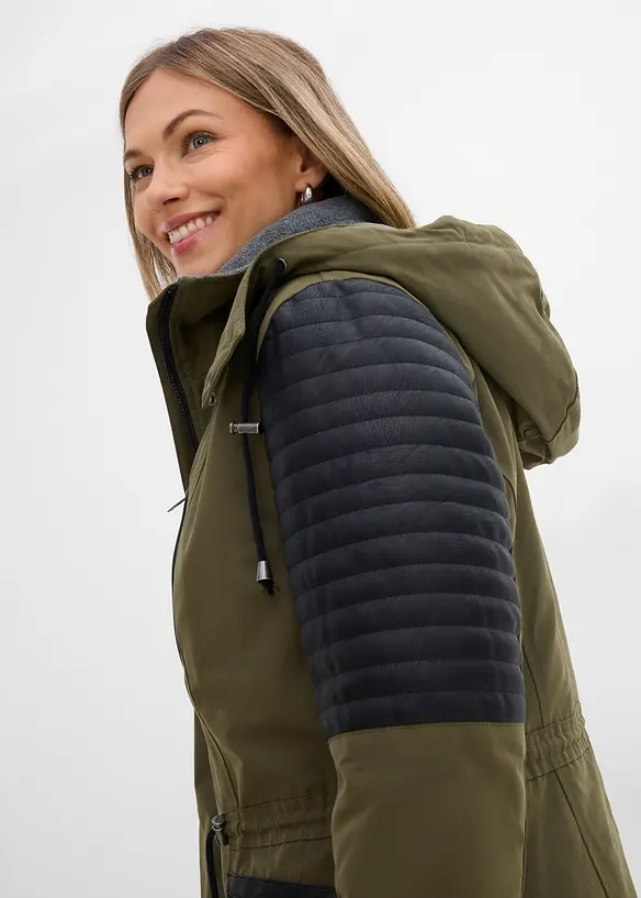 Long-Parka mit Lederimitateinsatz, bonprix
