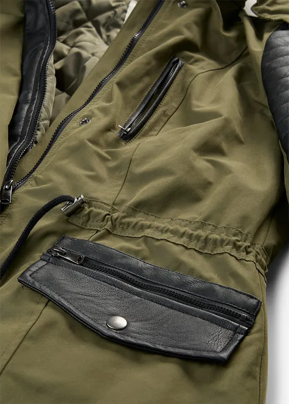 Long-Parka mit Lederimitateinsatz, bonprix