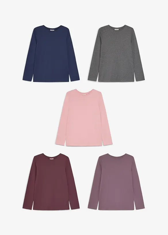 Lot de 5 T-shirts manches longues en coton, bonprix