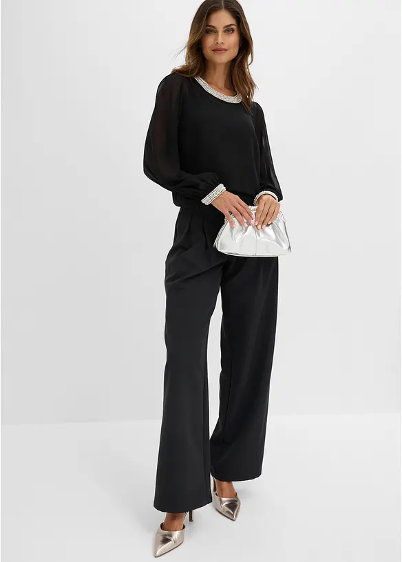 Blouse en mousseline avec bordures strass&eacute;es, bonprix