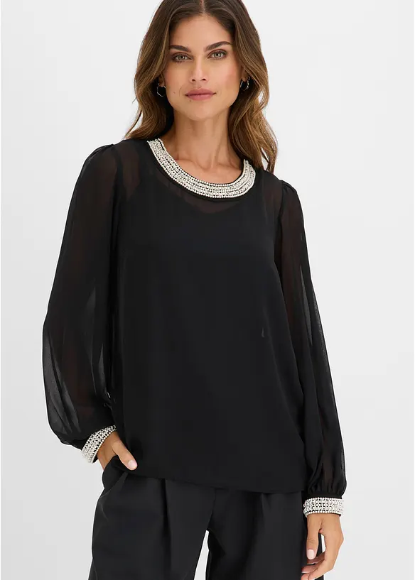Blouse en mousseline avec bordures strass&eacute;es, bonprix
