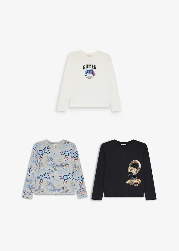 Lot de 3 T-shirts manches longues en coton doux, bonprix