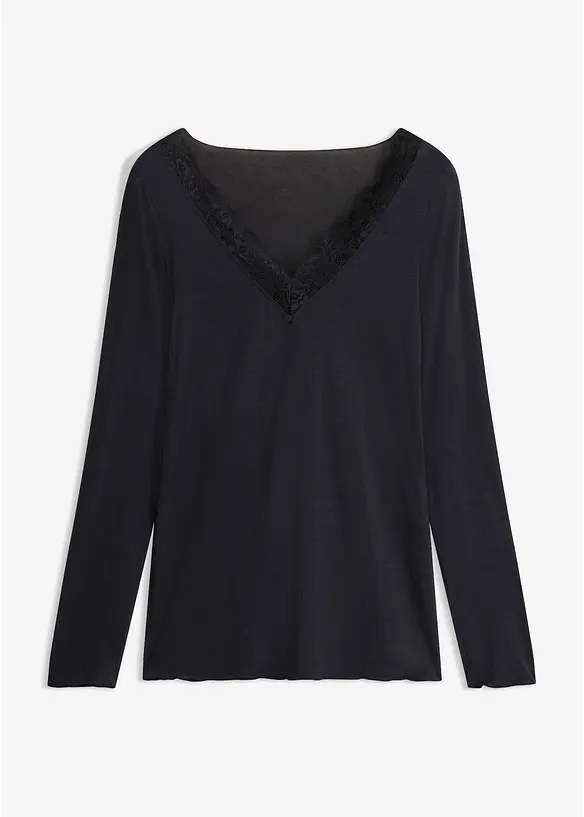 Ultralight Langarmshirt mit V-Ausschnitt und Spitze aus Kaschmir-Mix, bonprix