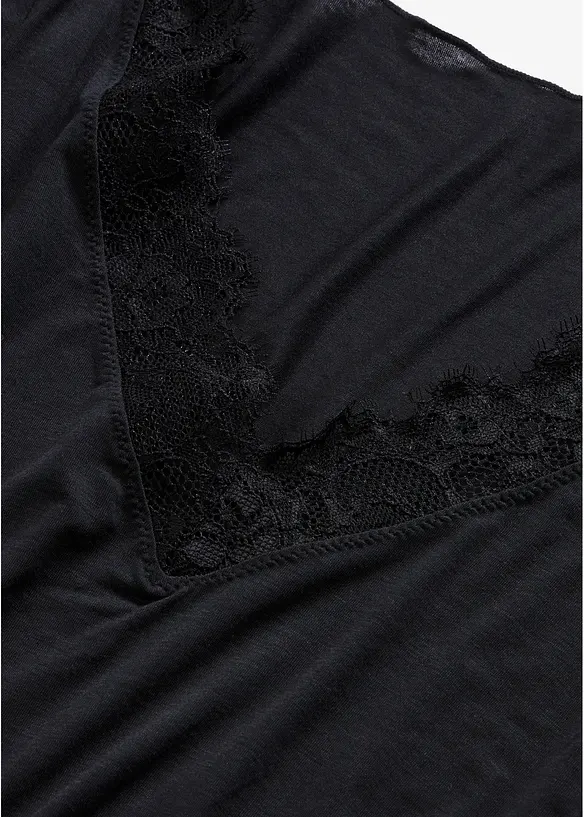 Ultralight Langarmshirt mit V-Ausschnitt und Spitze aus Kaschmir-Mix, bonprix