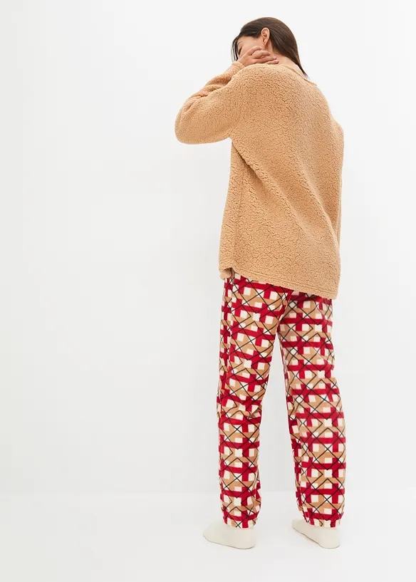 Pyjama en polaire avec haut brod&eacute;, bonprix