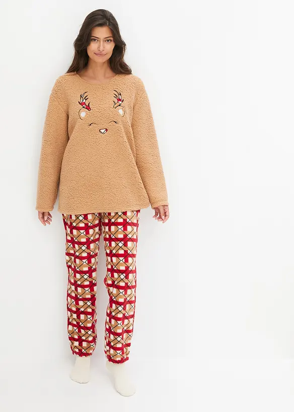 Pyjama en polaire avec haut brod&eacute;, bonprix