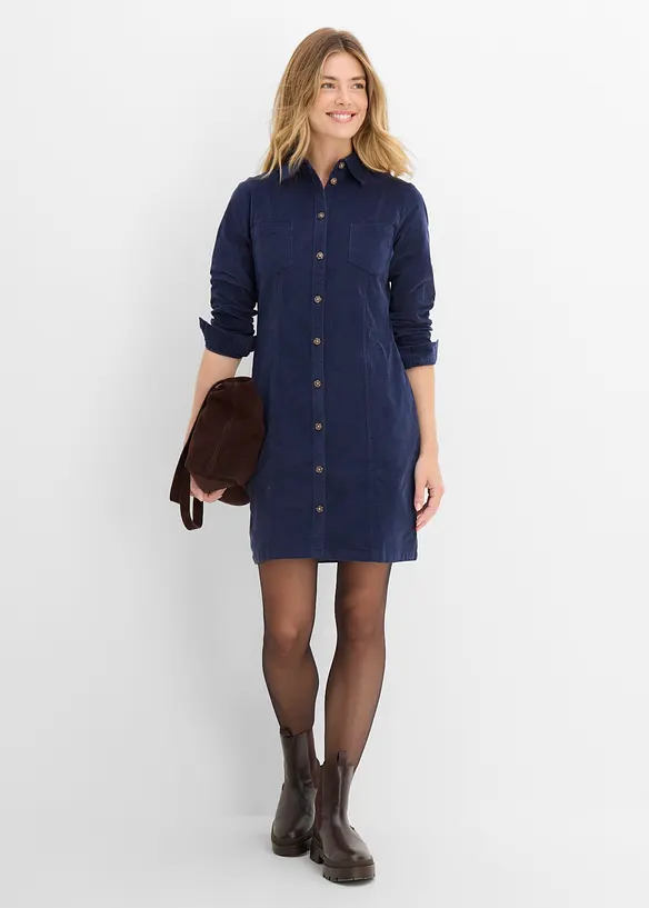Robe chemise en velours de coton c&ocirc;tel&eacute; extensible, bonprix