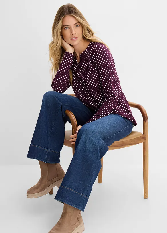 Gepunktetes Baumwoll-Langarmshirt mit Seitenschlitzen, bonprix